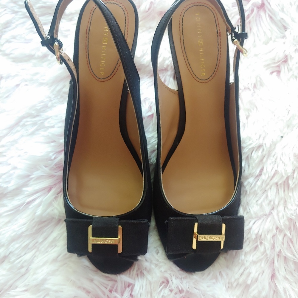 Tommy Hilfiger Black Slingback Espadrille Heels with Gold Accent Bow